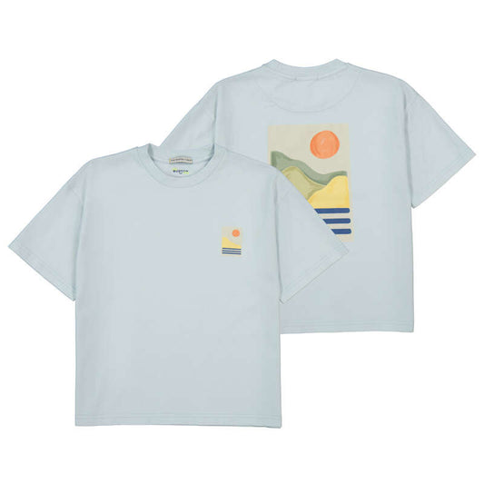 Light blue t-shirt with a graphic design on the front and back 