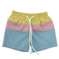 Color-blocked shorts with yellow, pink, and blue 