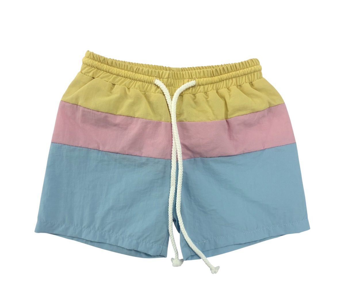 Color-blocked shorts with yellow, pink, and blue 