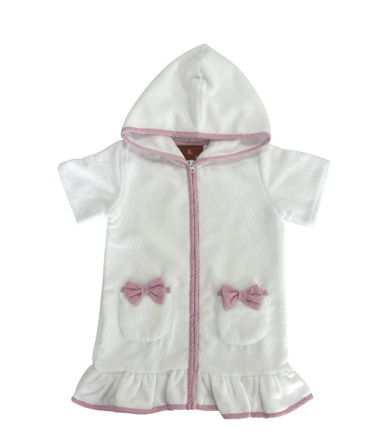 White hooded towel with pink trim and bows