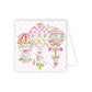 Greeting card with pink hot air balloons and baby elements on a checkered background