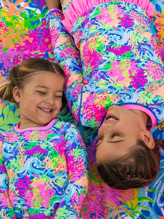 Girls Neon Ocean Coral Long Sleeve Rash Guard 2-Piece Swimsuit with Signature Rear Ruffles