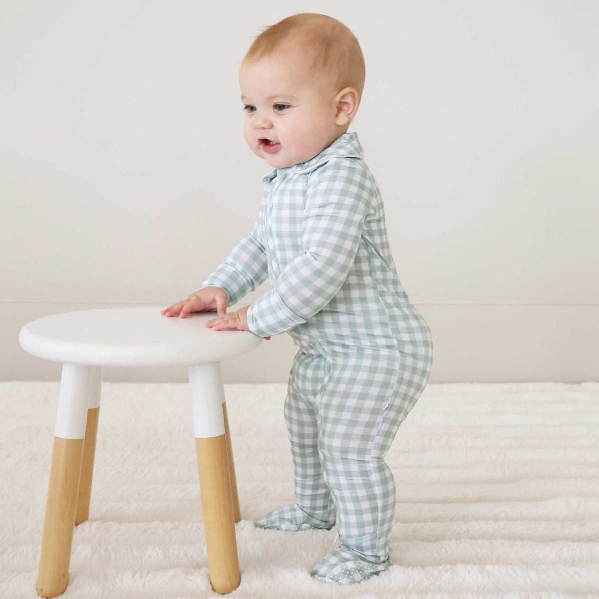 Peter Pan Collar Zipper Footie // Moss Gingham