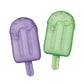 Purple and green popsicle-shaped ice cream molds on a white background