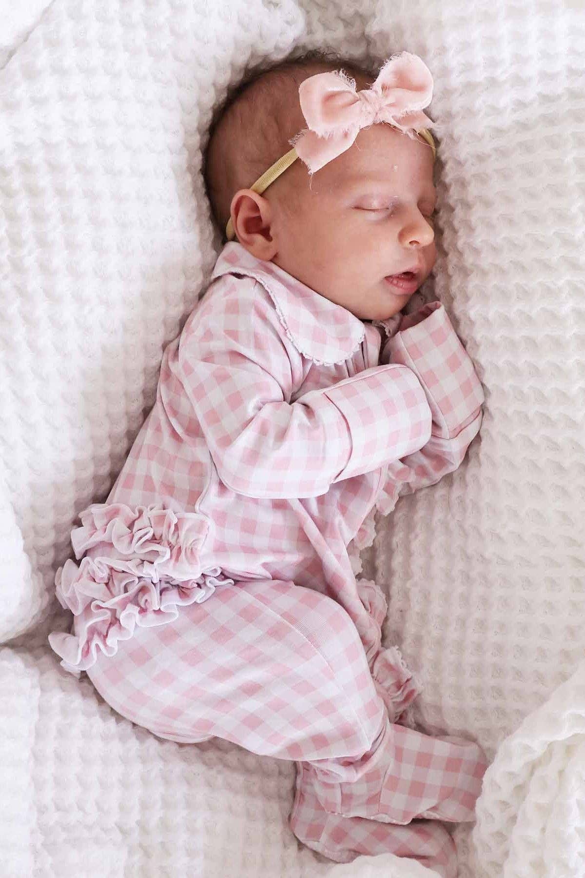 Peter Pan Collar Ruffle Zipper Footie // Rosy Gingham