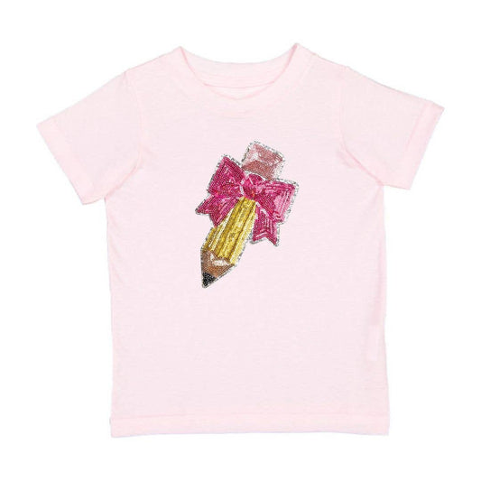Pencil Bow Sequin Patch Short Sleeve T-Shirt - Girls Clothes