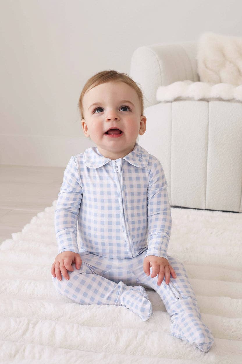 Peter Pan Collar Zipper Footie | Dusty Blue Gingham (Wholesale)