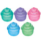 Five colorful plastic cupcake-shaped toys on a white background