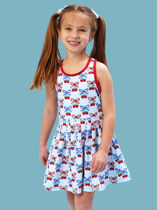 Girls Berries & Bows Pleated Skirt Active Dress & Bike Short Set