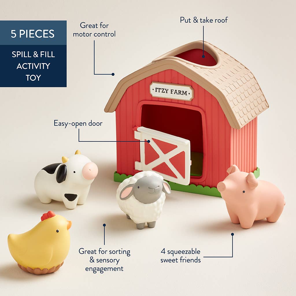 Toy barn with farm animals and features highlighted on a light background