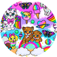 Colorful children's illustration with animals, rainbows, and butterflies on a circular background.