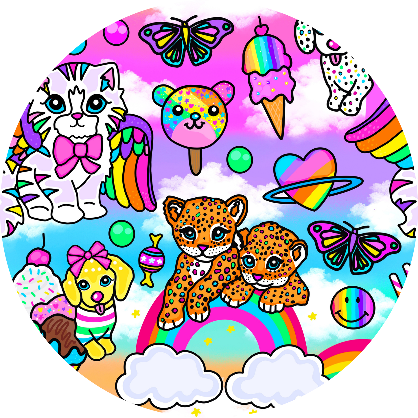 Colorful children's illustration with animals, rainbows, and butterflies on a circular background.