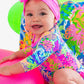 Baby Girls Neon Ocean Coral Long Sleeve One Piece Rash Guard Swimsuit with Signature Rear Ruffles