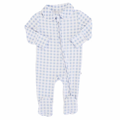 Peter Pan Collar Zipper Footie | Dusty Blue Gingham (Wholesale)