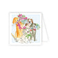 Four puppies holding flowers on a card
