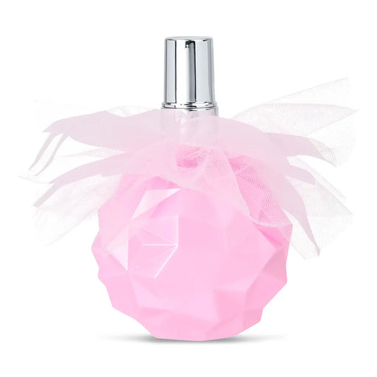 Pink perfume bottle with a silver cap