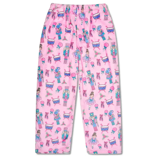 Pink pajama pants with colorful pattern 