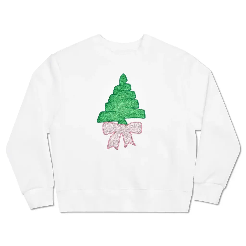 White sweatshirt with tree and bow