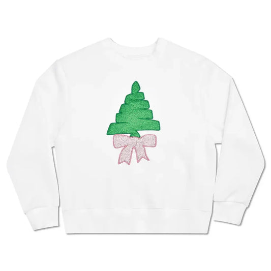 White sweatshirt with tree and bow