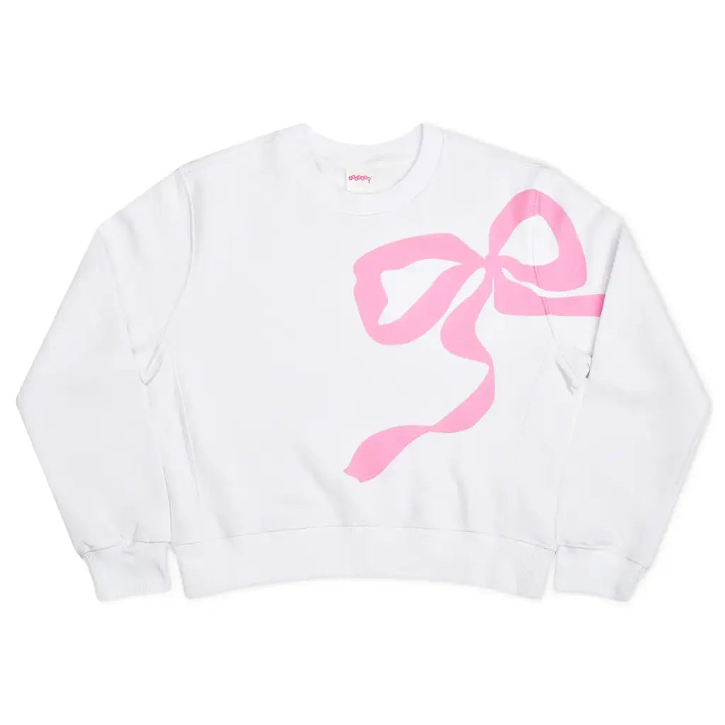 White sweatshirt with pink bow design 