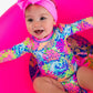 Baby Girls Neon Ocean Coral Long Sleeve One Piece Rash Guard Swimsuit with Signature Rear Ruffles