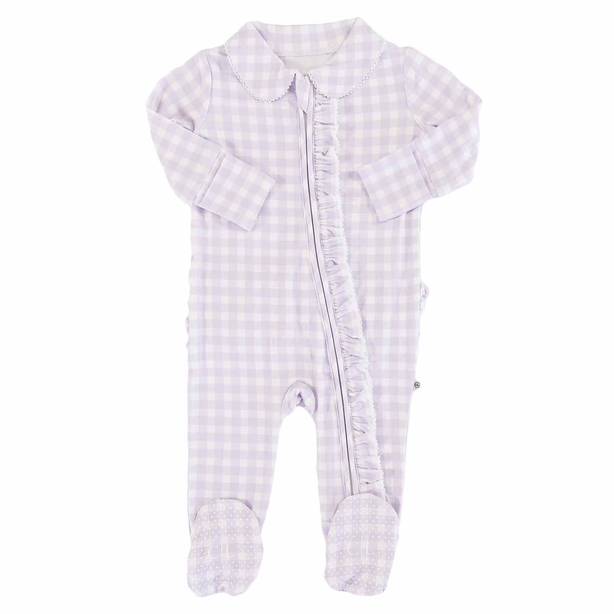 Peter Pan Collar Ruffle Zipper Footie | Lilac Gingham (Wholesale)