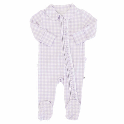 Peter Pan Collar Ruffle Zipper Footie | Lilac Gingham (Wholesale)