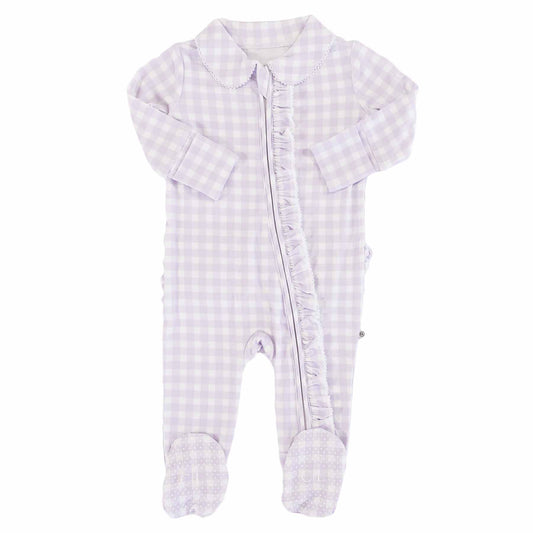 Peter Pan Collar Ruffle Zipper Footie | Lilac Gingham (Wholesale)
