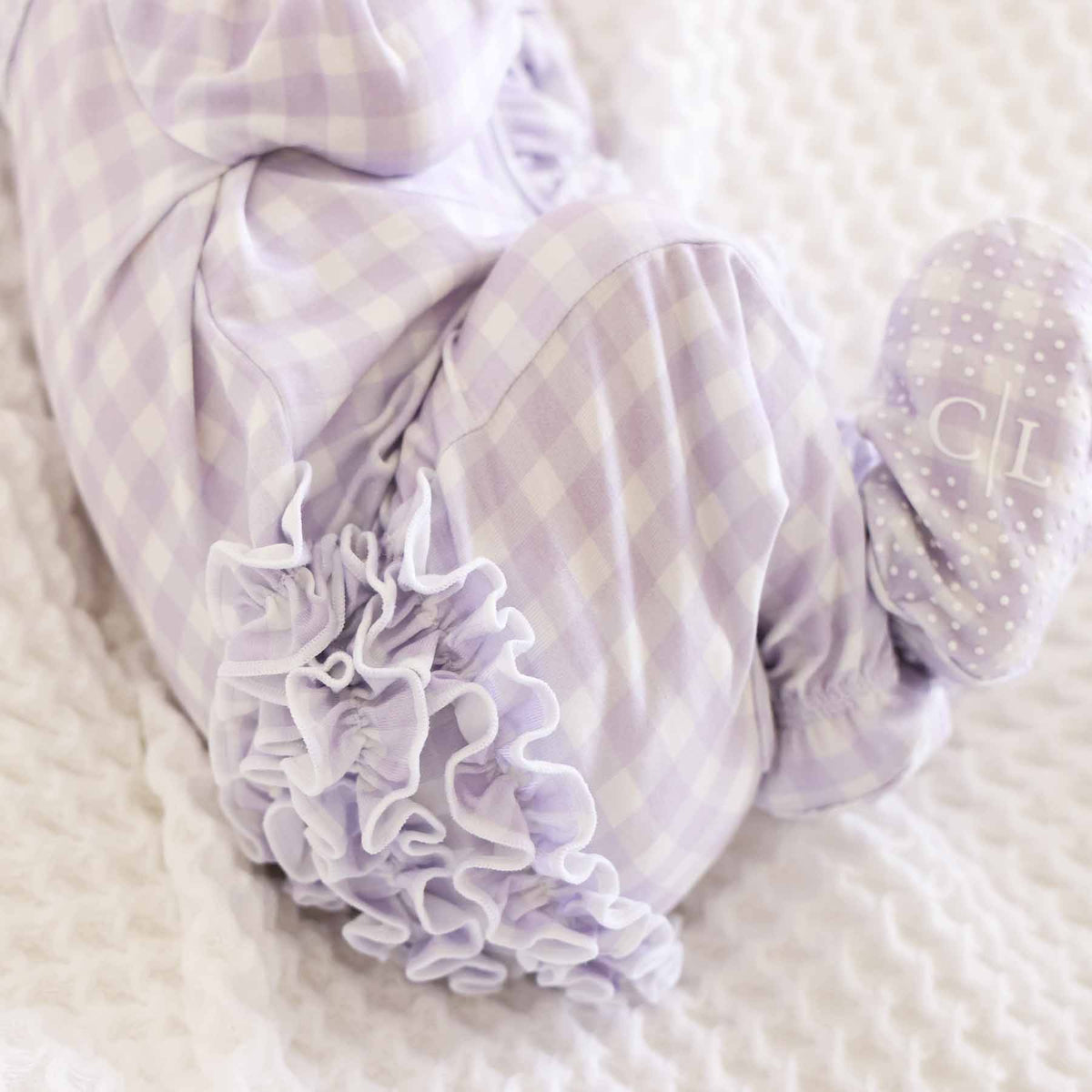 Peter Pan Collar Ruffle Zipper Footie | Lilac Gingham (Wholesale)