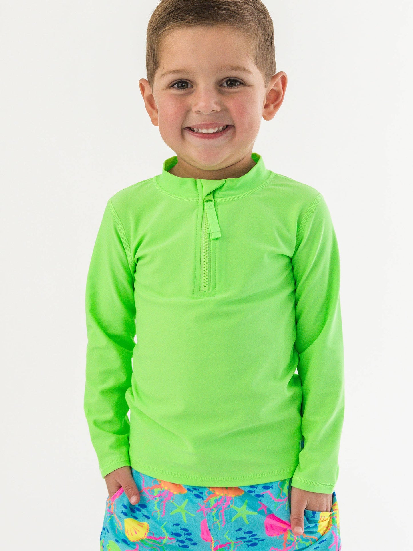 Boys Neon Honeydew Long Sleeve Zipper Rash Guard
