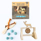 Wooden archery set with target and packaging labeled 'Take Aim!' on a white background