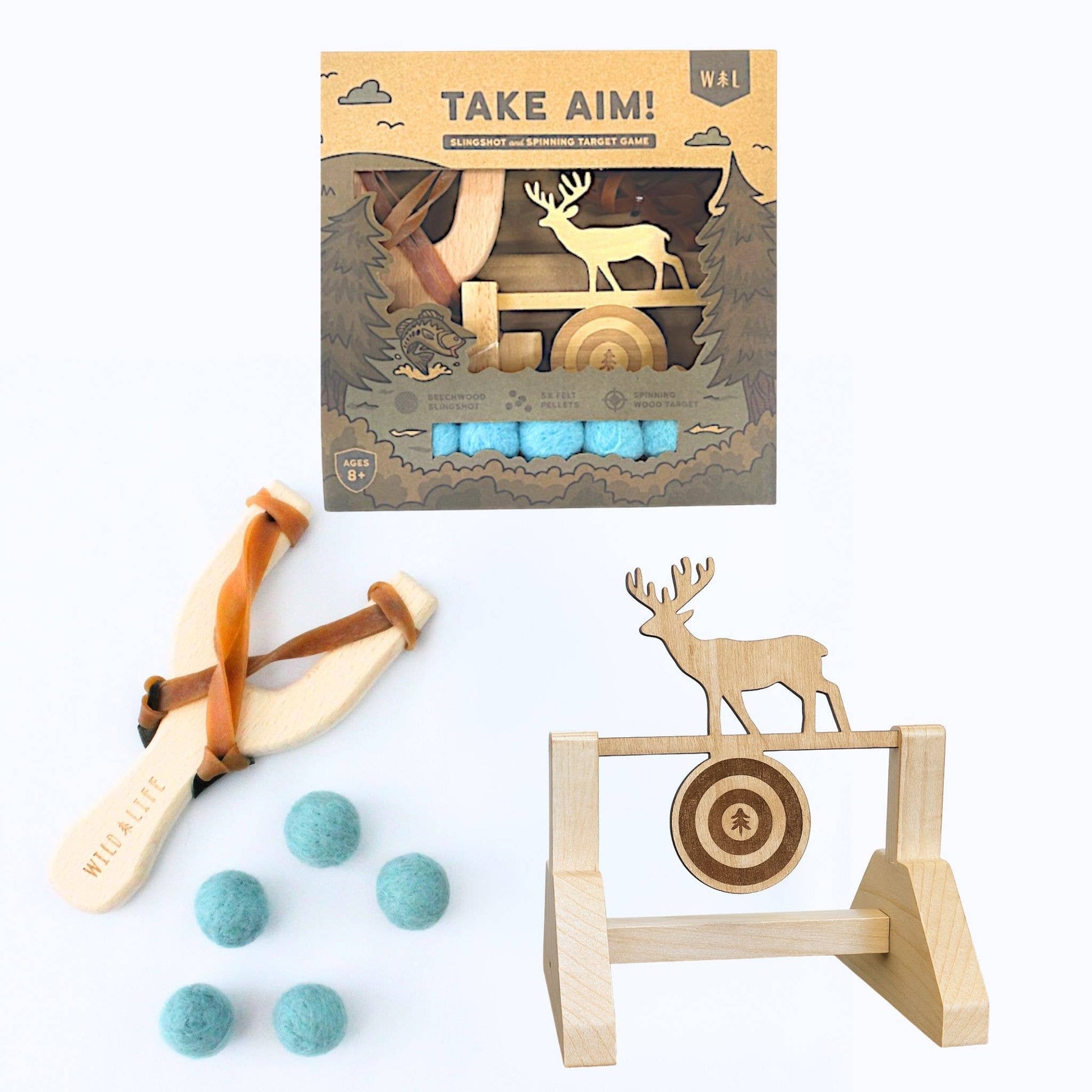 Wooden archery set with target and packaging labeled 'Take Aim!' on a white background