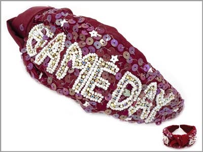Maroon Sequin Headband with White Rhinestone Game Day