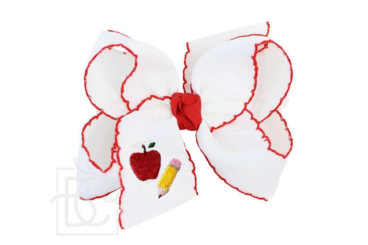 Embroidered Apple & Pencil on Crochet Edge Bow