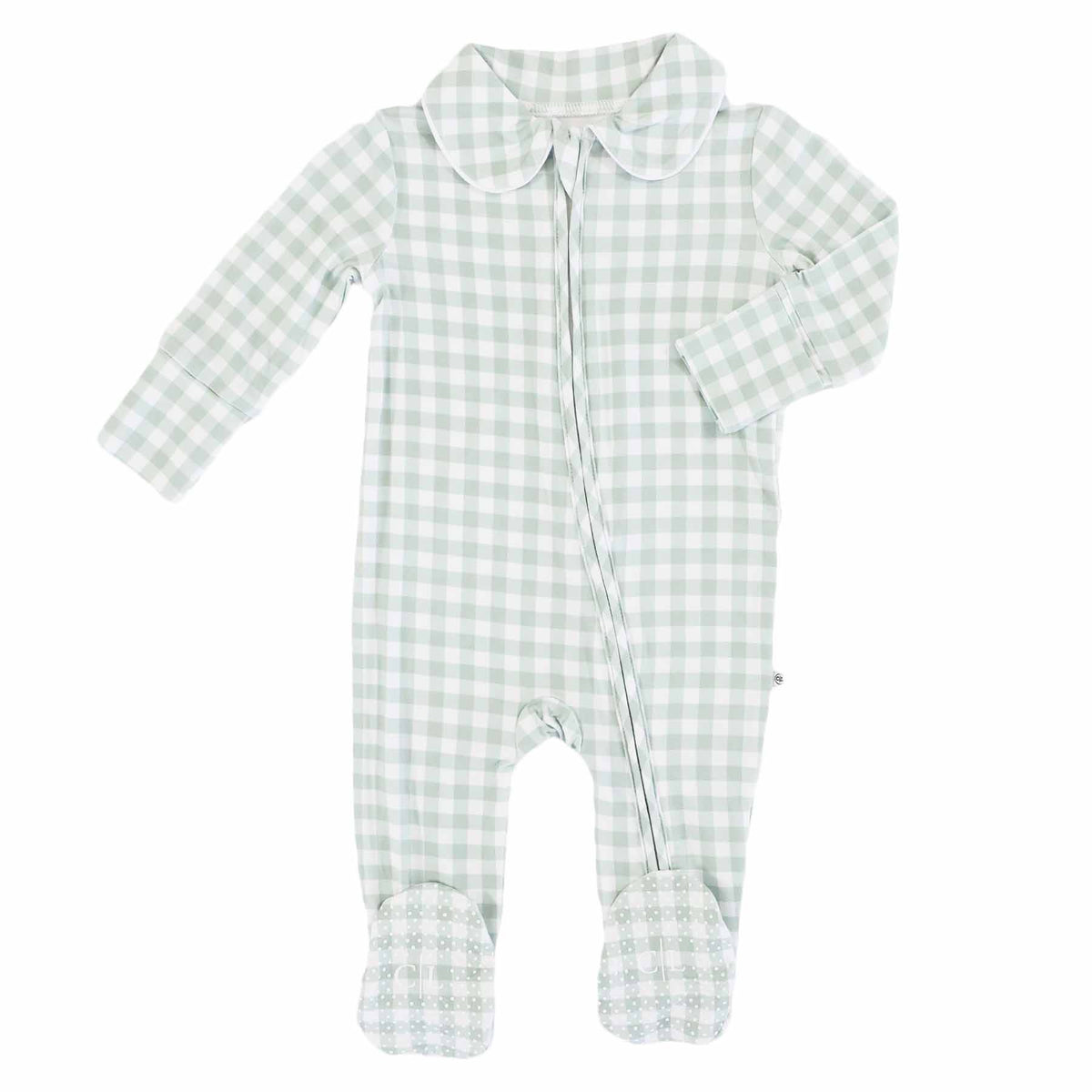 Peter Pan Collar Zipper Footie // Moss Gingham