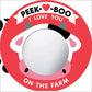 Children's book cover with a  pig and text 'Peek-Boo I Love You on the Farm' on a red background