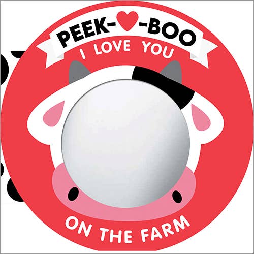 Children's book cover with a  pig and text 'Peek-Boo I Love You on the Farm' on a red background