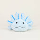 Blue axolotl plush toy made to warm up