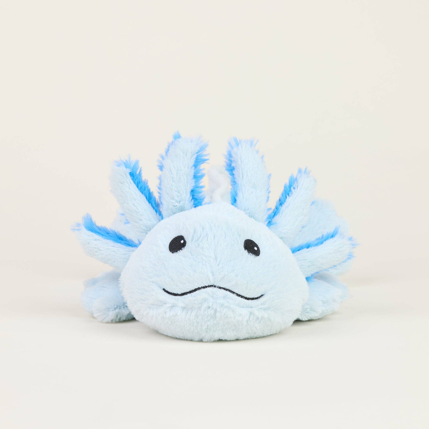 Blue axolotl plush toy made to warm up