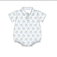 A baby short-sleeve romper with a polo collar, featuring a repeating pattern of rocking horses on a white background with light blue vertical stripes.