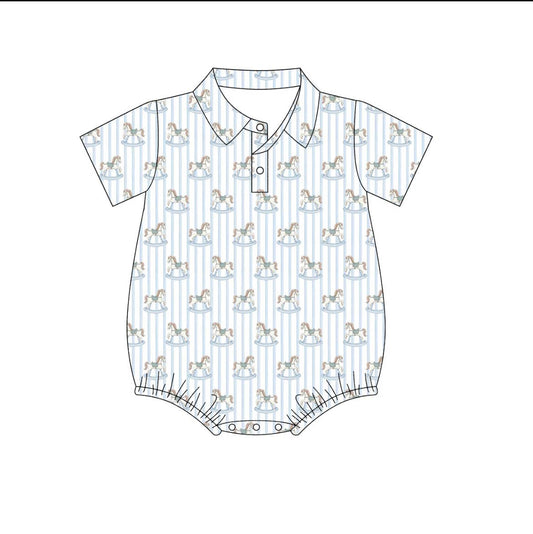 A baby short-sleeve romper with a polo collar, featuring a repeating pattern of rocking horses on a white background with light blue vertical stripes.