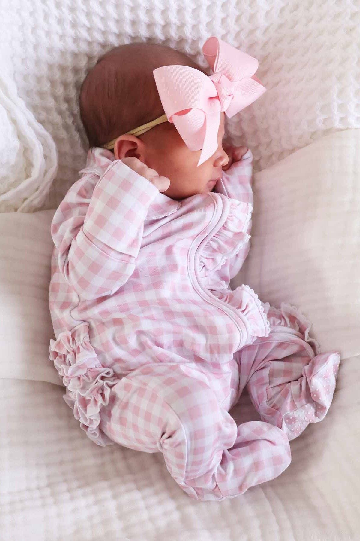 Peter Pan Collar Ruffle Zipper Footie // Rosy Gingham