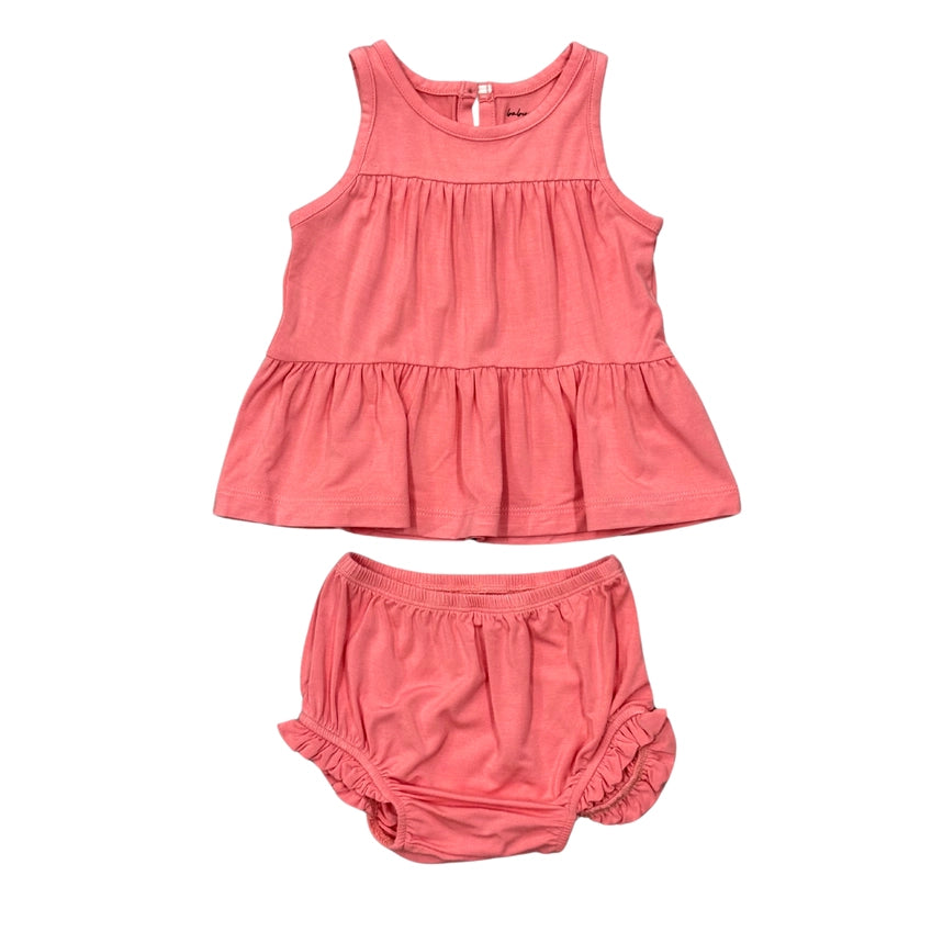 Pink children's top and bloomers set on a white background