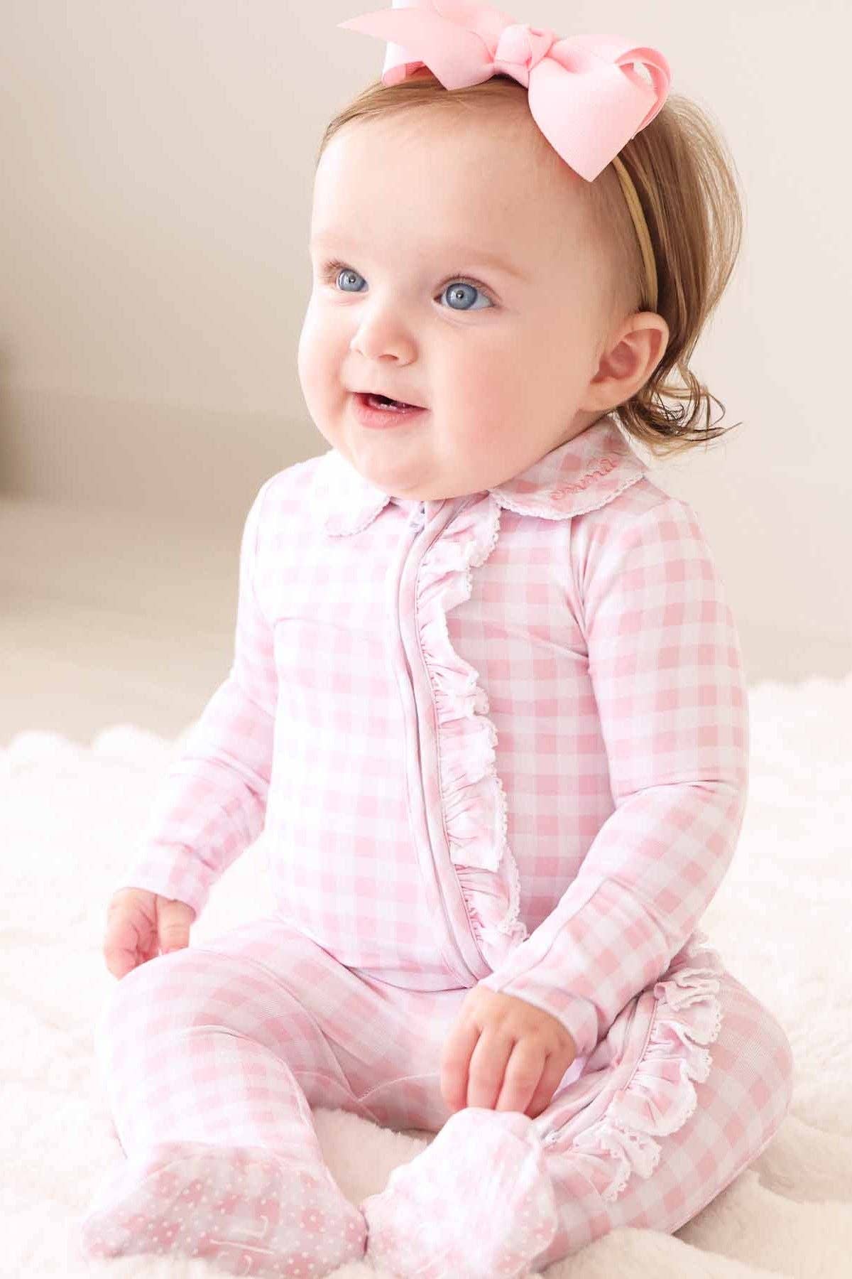 Peter Pan Collar Ruffle Zipper Footie // Rosy Gingham