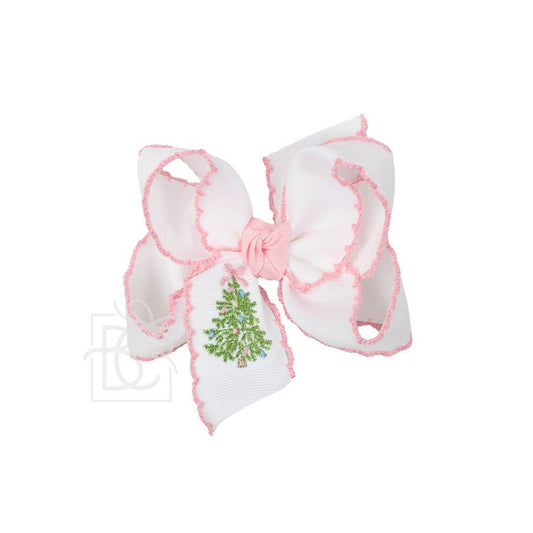 White and pink hair bow with a green tree design