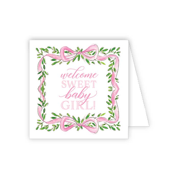 Greeting card with pink ribbons and green leaves, featuring the text 'welcome sweet baby girl' on a white background.