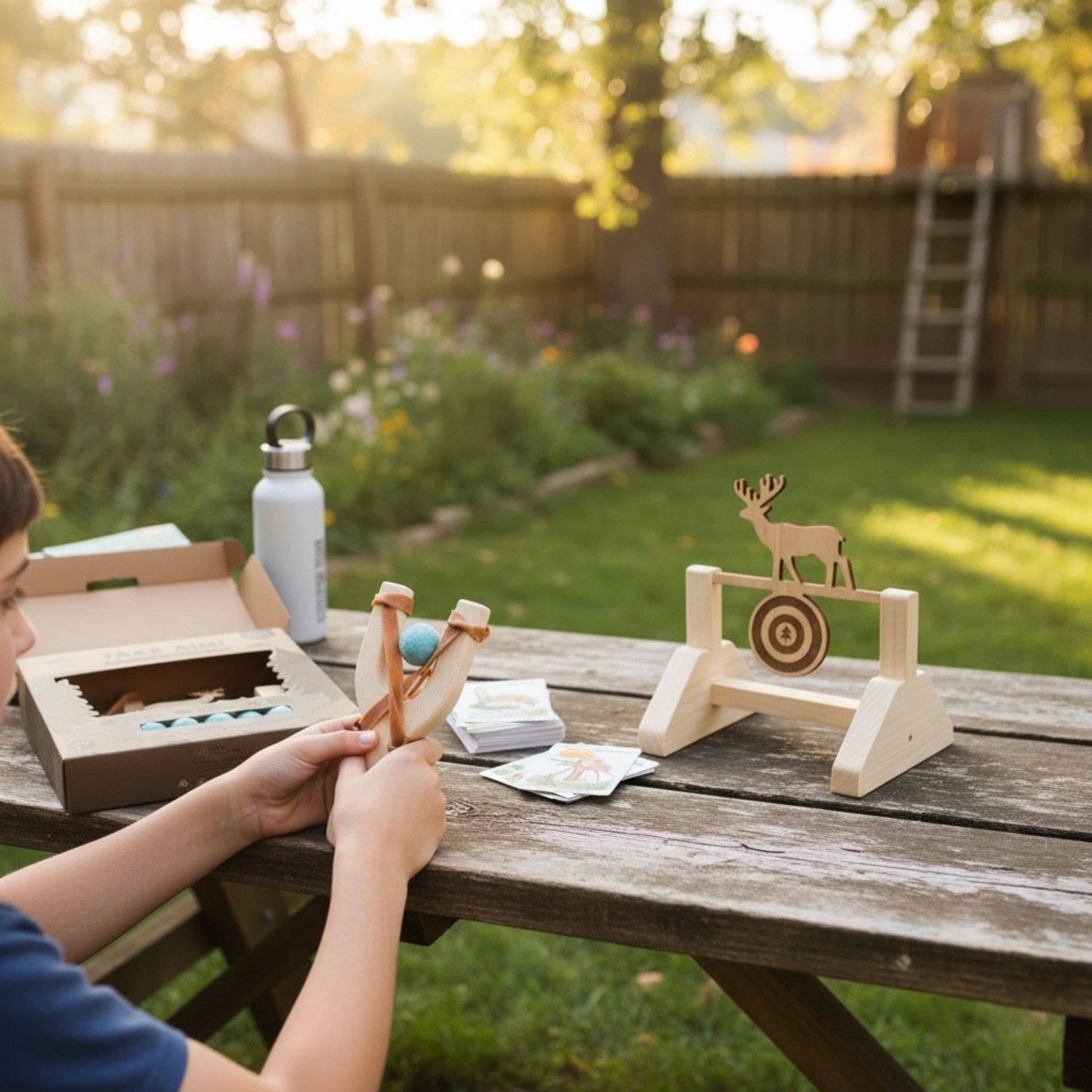 Child playing with a wooden archery set on a wooden table outdoors.
