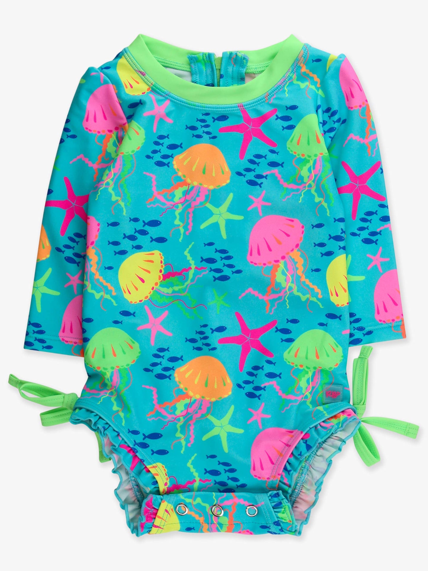 Baby Girls Neon Jelly Time Long Sleeve One Piece Rash Guard Swimsuit with Signature Rear Ruffles