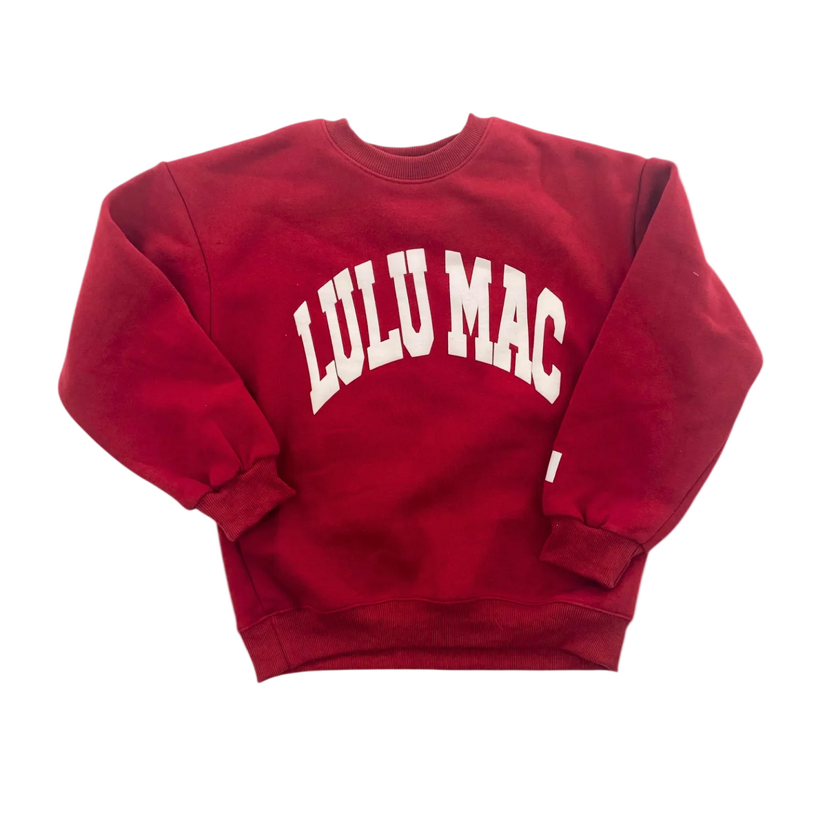 Red sweatshirt with 'LULU MAC' text 