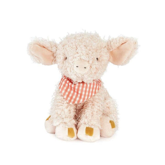 Plush elephant toy with a checkered red and white scarf